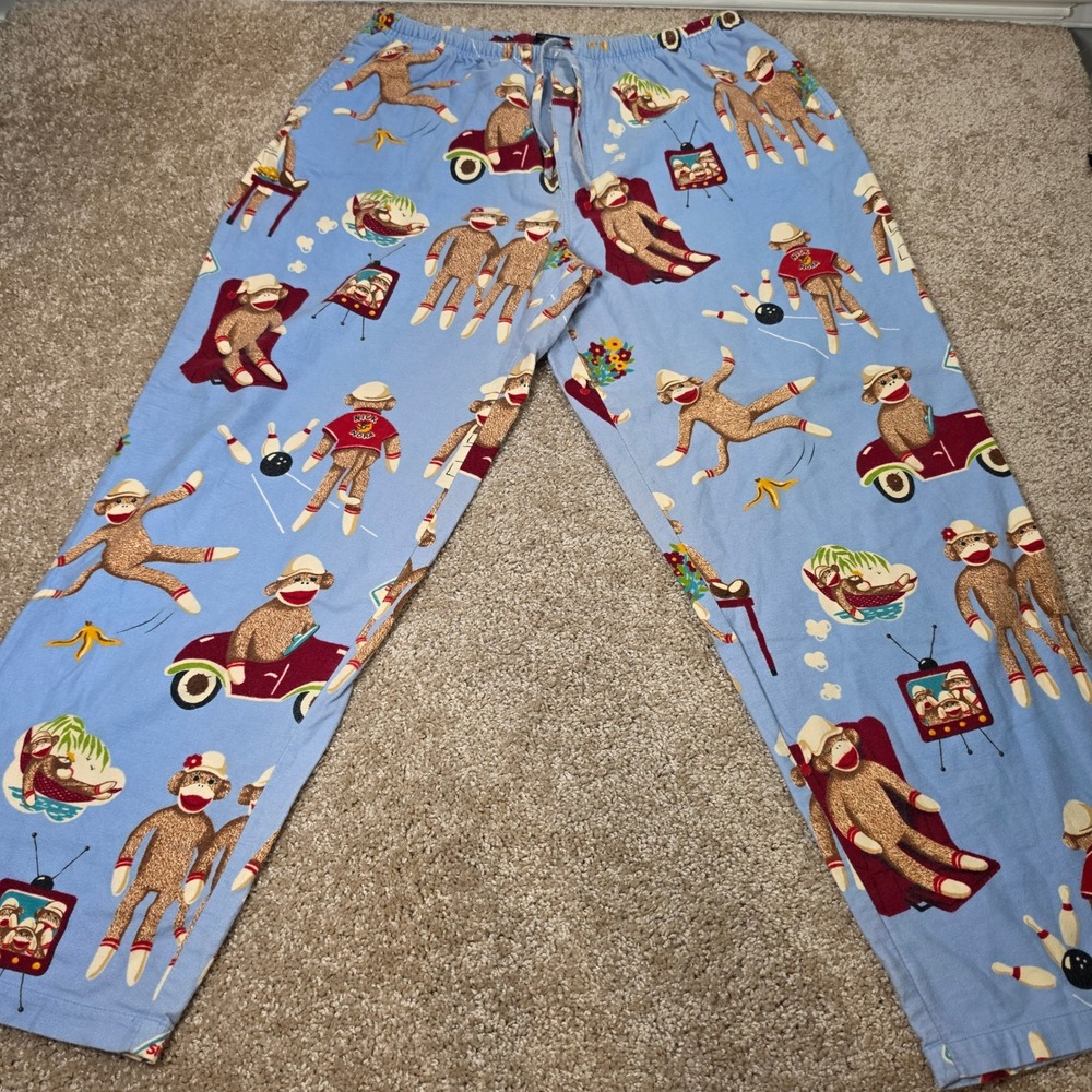 Nick & Nora Pajama Pants Sock Monkey Blue Cotton Novelty Sleepwear Large